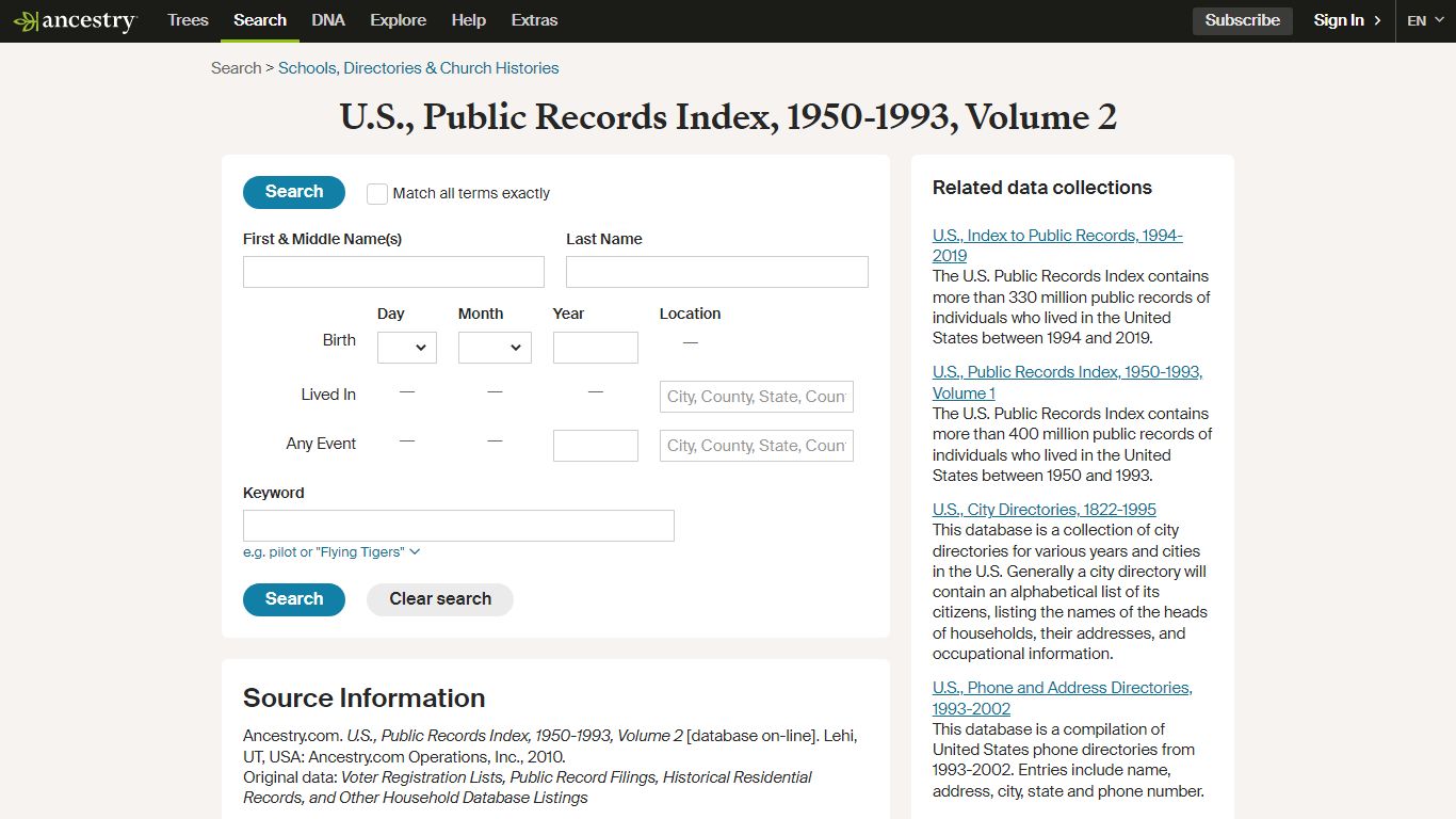 U.S., Public Records Index, 1950-1993, Volume 2