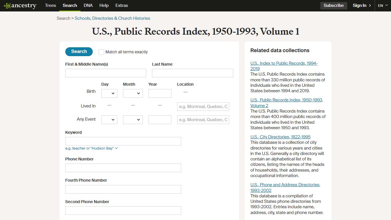 U.S., Public Records Index, 1950-1993, Volume 1